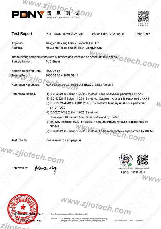 Matériel PVC ROHS certification